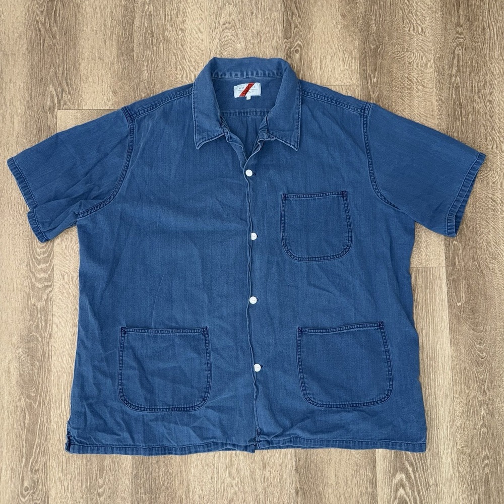 Best Made Co Indigo Herringbone Weave Short Sleeve Chore Camp Shirt Men's 2XL - Picture 2 of 6